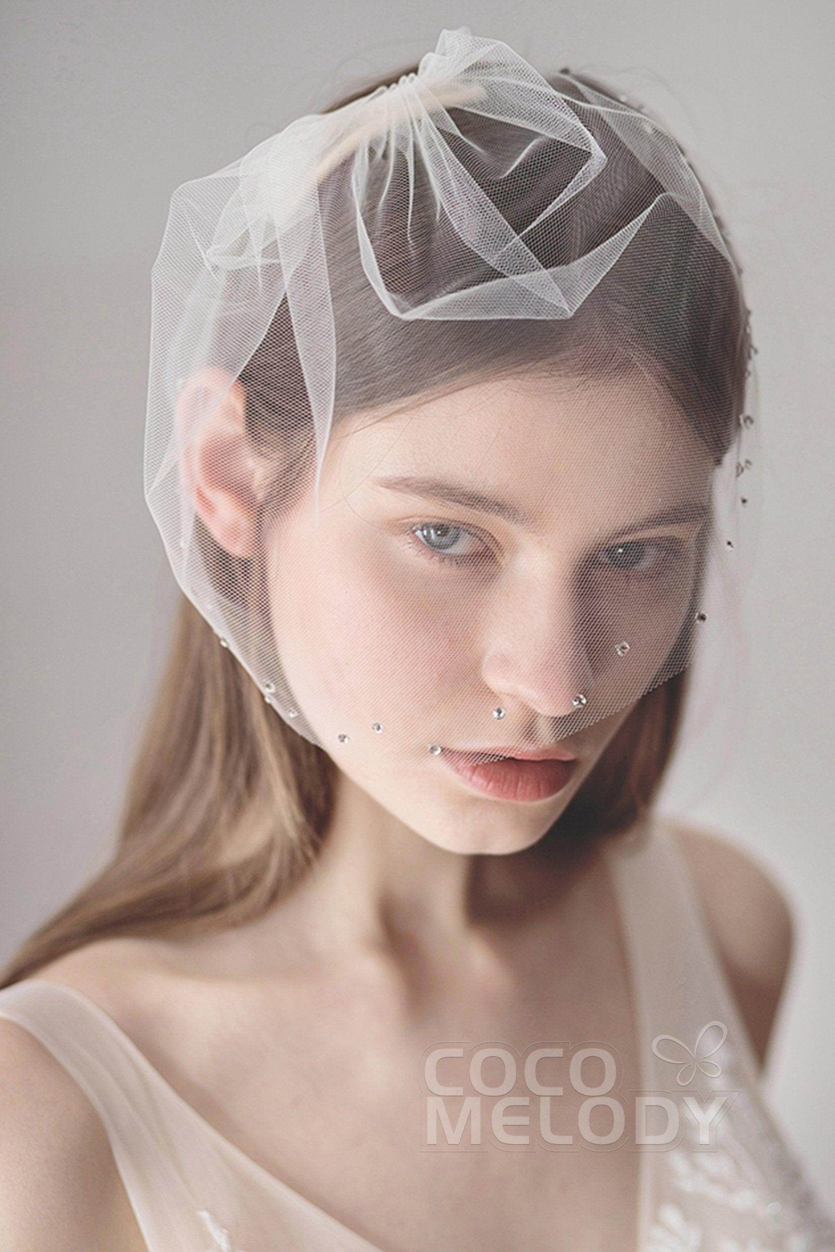 One-tier Cut Edge Tulle Blusher Veils Rhinestone AV18032 - COCOMELODY